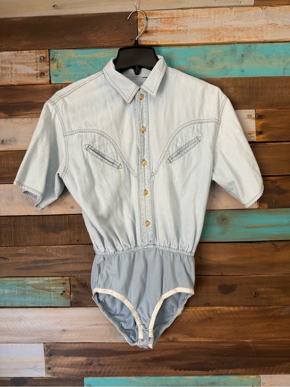 VTG Lizwear Denim Bodysuit Western Light Wash Lace Trim 90s Coastal Cowgirl